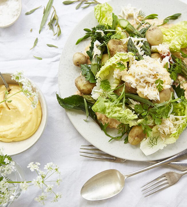 Crab, asparagus & Jersey royal celebration salad