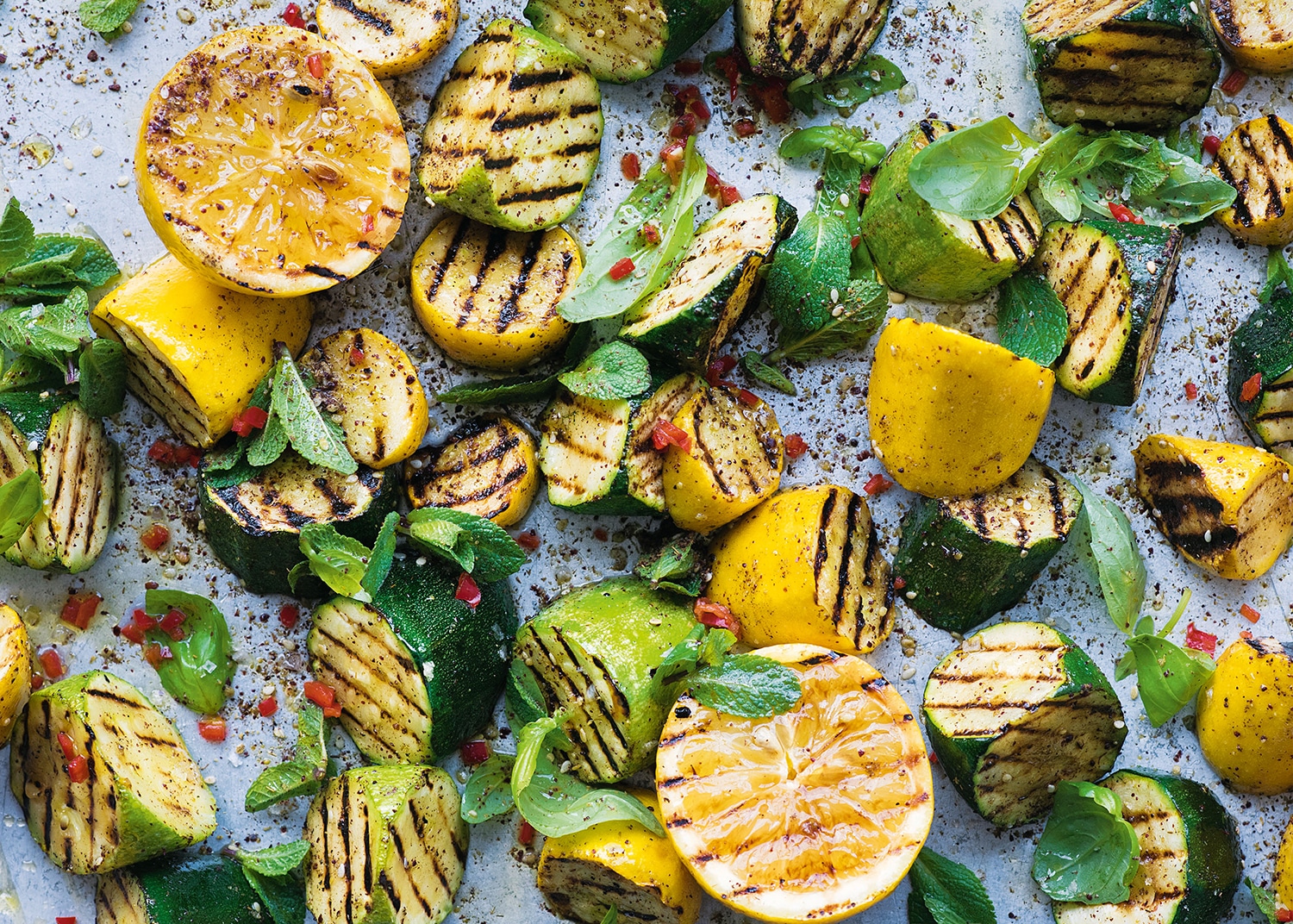 Barbecued courgettes, burnt lemon & za’atar