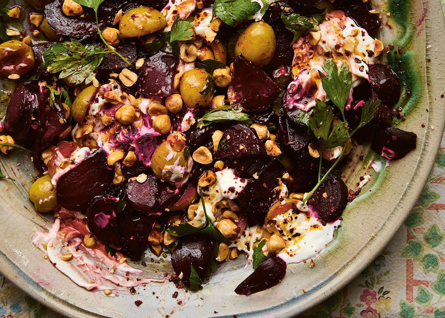 Beetroot with olives, toasted hazelnuts and pul biber oil